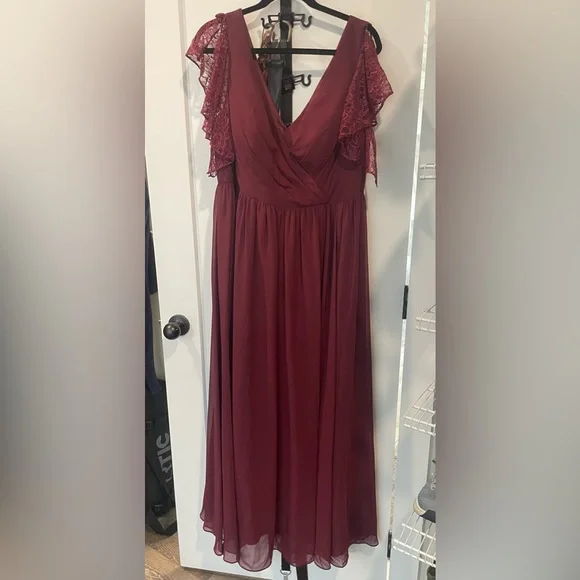 wine colored bridesmaid dresses Wine Red Velvet Short Sleeves V-neckline Simple Wedding Party Dress, W –  Cutedressy main image 0